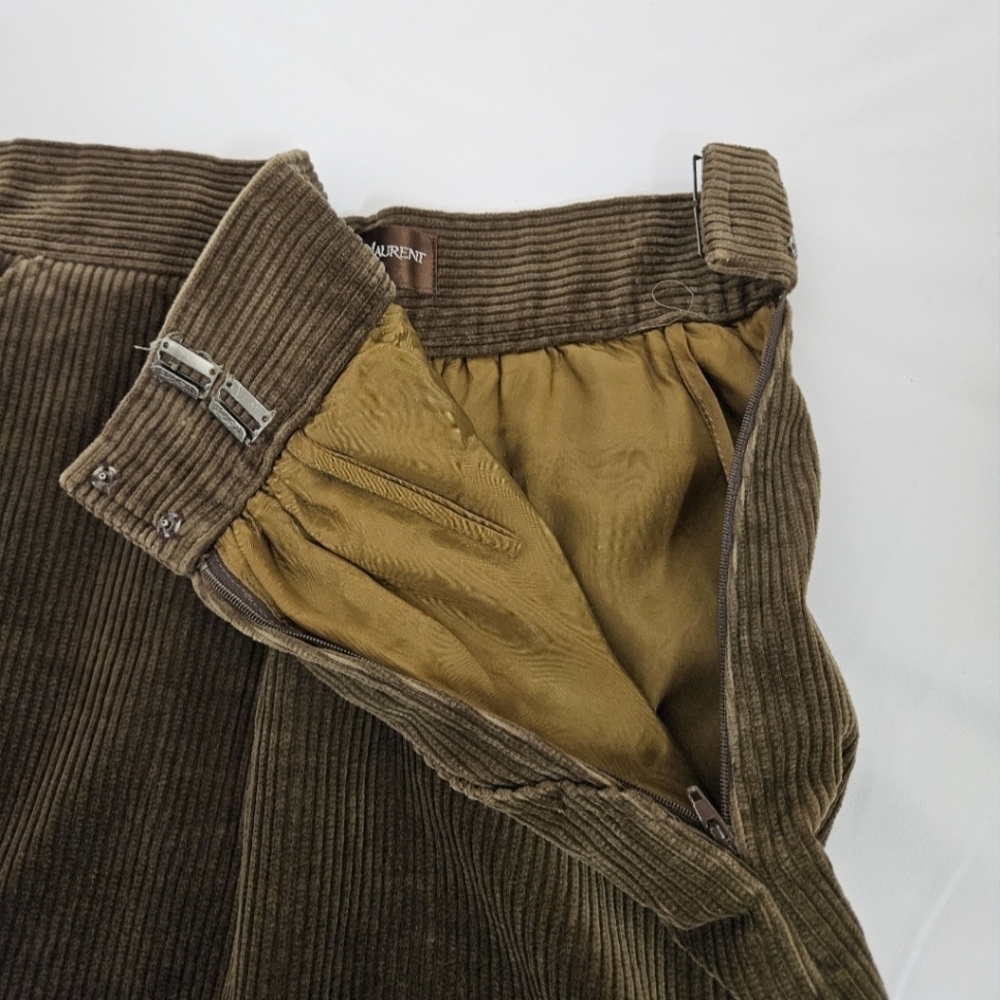 Yves Saint Laurent Paris High Waisted Corduroy Midi Skirt In Olive Brown Sz XS - Picture 7 of 14